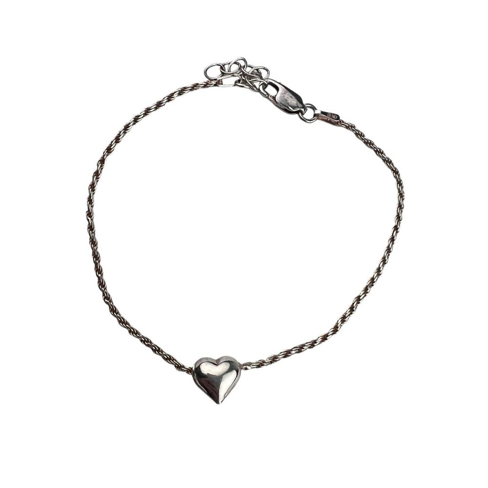 Puffy Heart Center Rope Chain Sterling Silver Bracelet Italy 6.5"-7.5"